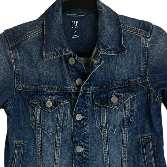 Gap Kids Blue Denim Jacket Size L Cropped Bomber Jean Pockets Cotton Trucker - Picture 3 of 5